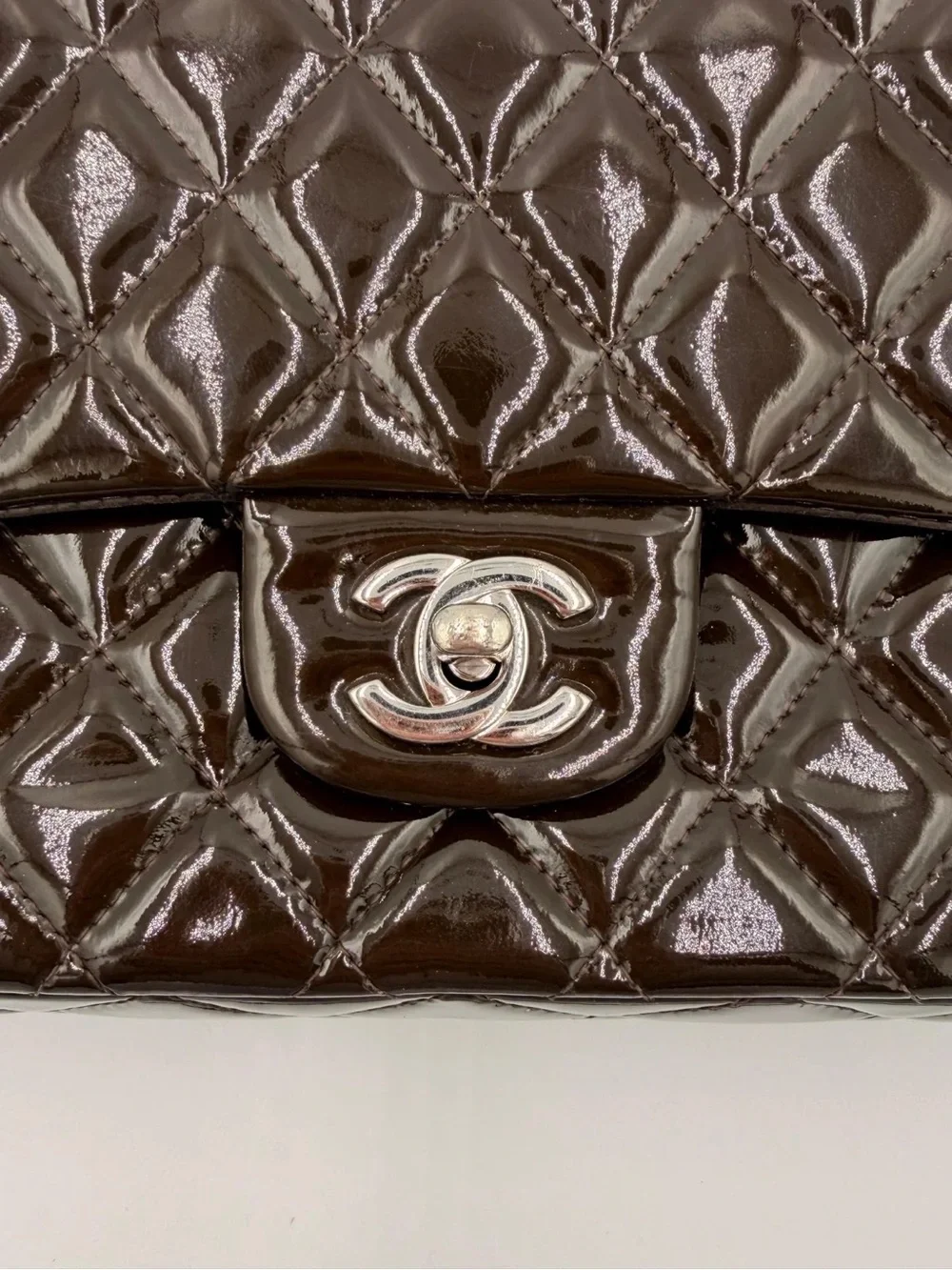 Chanel Classic Medium Double Flap — Dark Brown Patent Silver HW